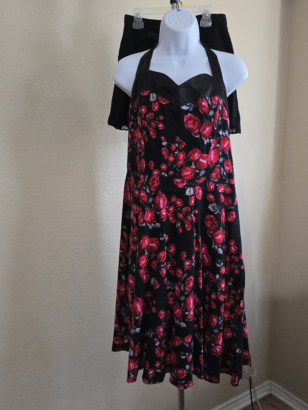 Black Halter Midi Dress with Red Rose Print and Halter Neck